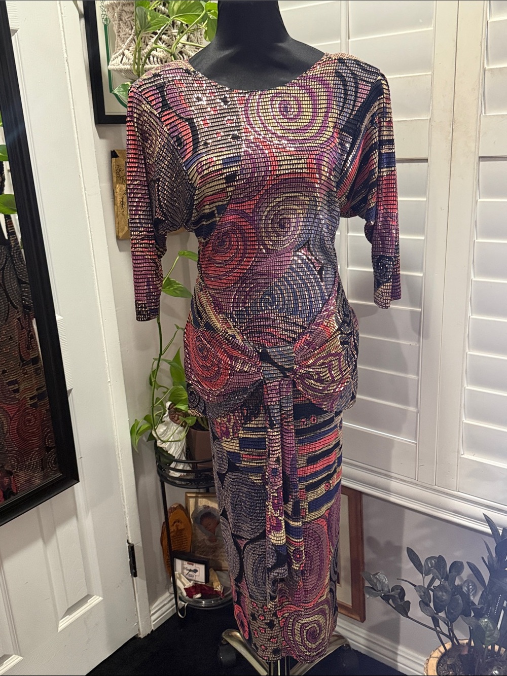 Vintage Spiral Print Tie-Front Midi Dress - Pink Multi size S